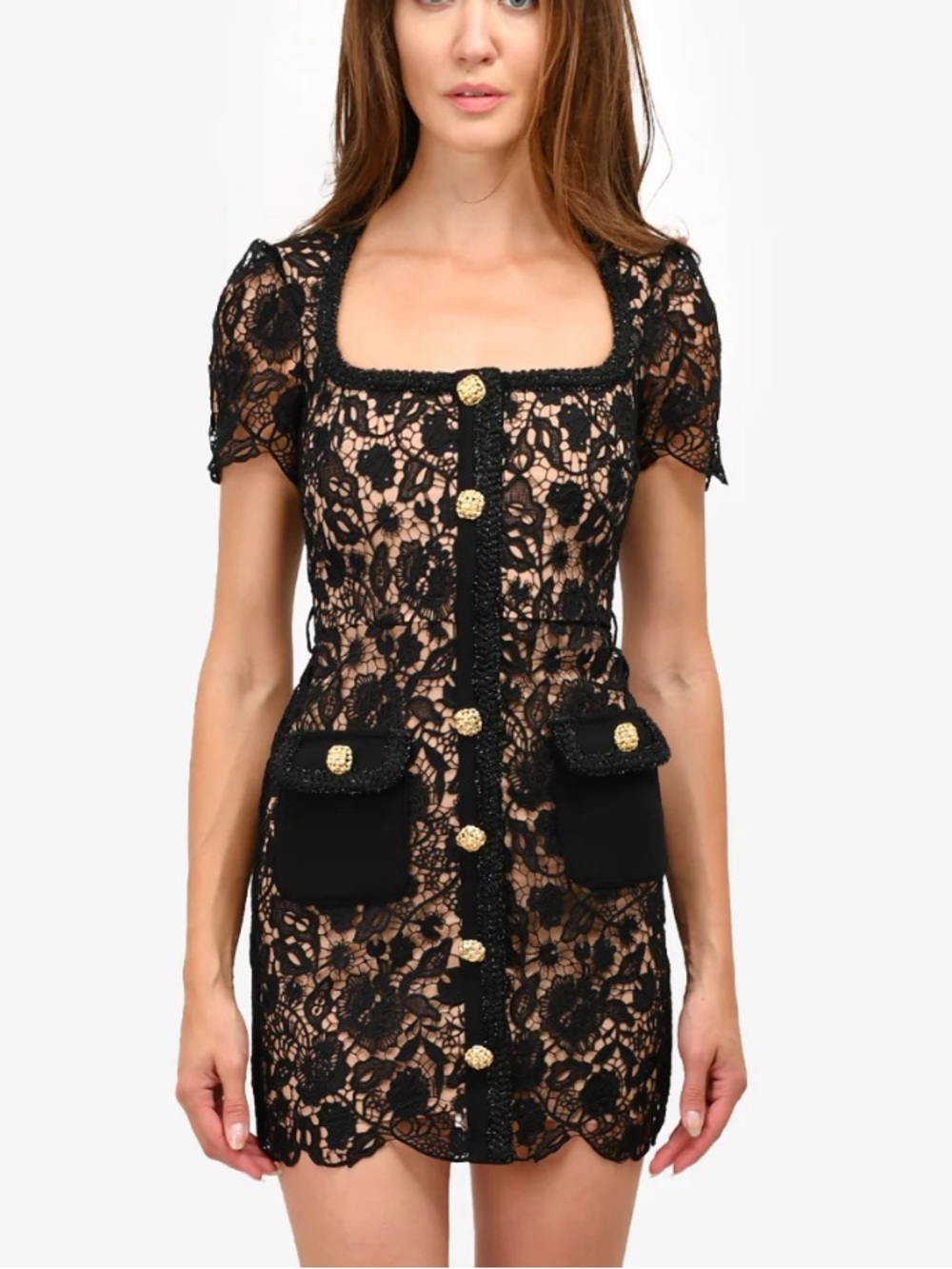 Self-portrait Black Lace Mini Dress with Gold Buttons